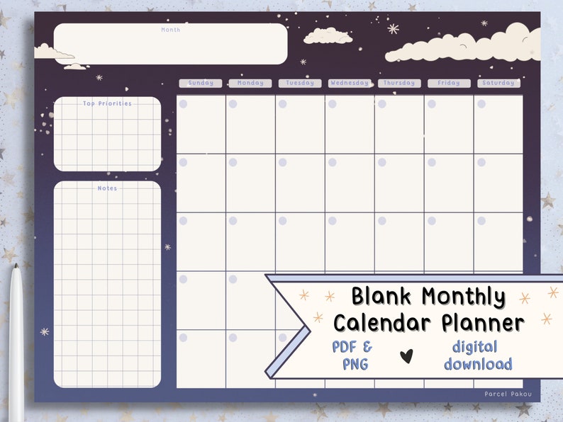 Printable Monthly Planner Clouds / Blank Desk Calendar / Cute - Etsy