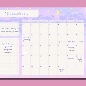 May include: A December calendar with a pastel purple and blue cloud and star design. The calendar has a list of top priorities and notes, including "Plan cookie making day" and "Pinterest Recipes". The calendar also includes dates and events, such as "Christmas Day" and "Family Dinner @ 7pm".