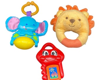 Set of 3 Fisher Price Infant Baby Wrist Rattle Clip On Toys Lion Key Elephant 4"