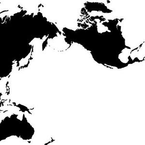 May include: A black and white world map silhouette. The continents are depicted in solid black against a white background. The map shows the outlines of the continents and major islands.