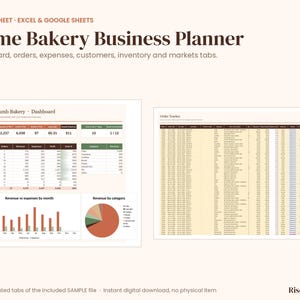 Könnte beinhalten: Eine digitale Home Bakery Business Planner Tabellenkalkulation für Excel und Google Sheets. Das Layout enthält ein Sunny Crumb Bakery Dashboard mit Finanzdiagrammen, Umsatzdaten und einem Reiter zur Auftragsverfolgung.