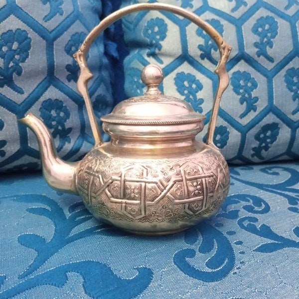 ANTIQUE HANDMADE Morocco Islamic Silvered Brass Teapot Sealed | Fes Fez