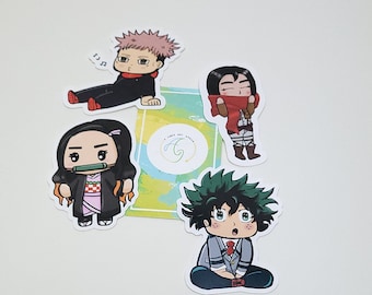 May include: Four anime character stickers featuring a green-haired boy, a girl with pink hair, a girl with black hair, and a girl with black hair and a green mask. The stickers are on a white background.