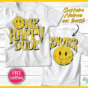 Ein Happy Dude Geburtstags-Shirt | Retro lächelndes Gesicht Geburtstagsparty Shirt | Personalisiertes erstes Geburtstags-Shirt | Geburtstag 1