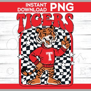 Retro Tigers Preppy Mascot Red png | Checkered Background Tiger Mascot | Red Team Colors Tigers Mascot png | Sublimation DTG DTF Design png