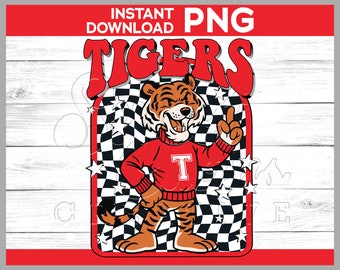 Retro Tigers Preppy Mascot Red png | Checkered Background Tiger Mascot | Red Team Colors Tigers Mascot png | Sublimation DTG DTF Design png