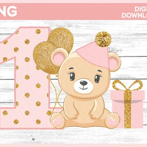 女の子のためのテディベアの1歳の誕生日PNG、1歳の誕生日のピンクとゴールドのデザイン、女の子の誕生日PNG