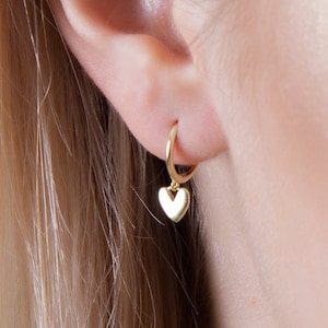 Sterling Silver Heart Dangle Hoop Earrings: 18K Gold Plated