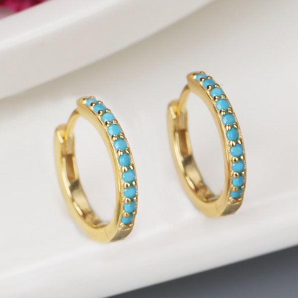 Turquoise Hoops, Sterling silver earring, Turquoise Gemstone Huggie Hoop Earrings, Turquoise Hoop Earring, Gold Hoop Earring, Christmas Gift