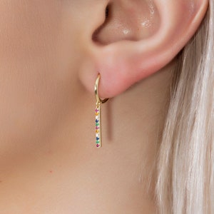 Rainbow Earrings, Silver Rainbow Dangle Earrings, Crystal Huggie Hoop Earrings, Gold Dainty Huggies, Dangle Drop Earrings, Mother's Day Gift