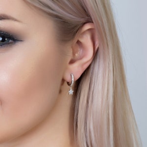 Sterling Silver Star Dangle Hoop Earrings: Minimalist Huggie Earrings