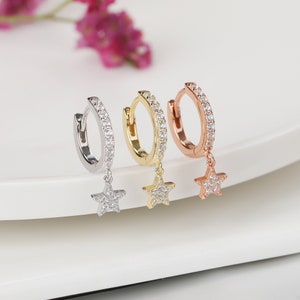 CZ Star Huggie Hoop Earrings: 18K Gold Plated Sterling Silver