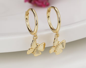 Gold Butterfly Hoop Earring, Dainty Dangle Earring, Silver Butterfly Drop, Minimalist Earlobe Earring, Animal Hoop Earring, Mothers Day Gift