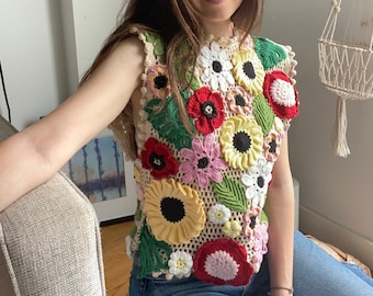 Handmade Flowers Vest, Multicolor vest, Oversized vest, Yellow Vest, Summer vest outfit, Felted vest