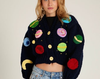 Knit Cosmic Cardigan, Womens Sweater, Navy Knitted Sweater, Christmas Sweater, Star Wars sweater, mars planet