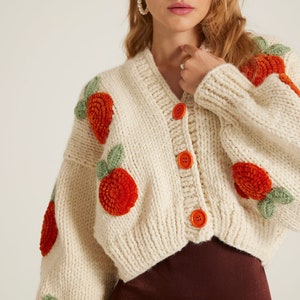 Handmade Peach Cardigan, Orange and Beige Sweater, Button-up Cardigan for Women, Knitwear for Women image 1