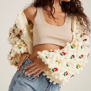 Beige Pom-pom Cardigan, Knitted Sweater, Embroidered crewneck, Boho Cardigan