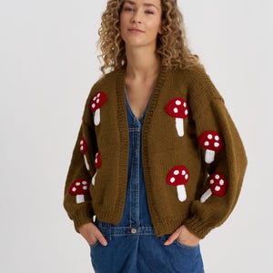 Mushroom Cardigan, Green Sweater, Cozy Wool Sweater, Knitwear for Women