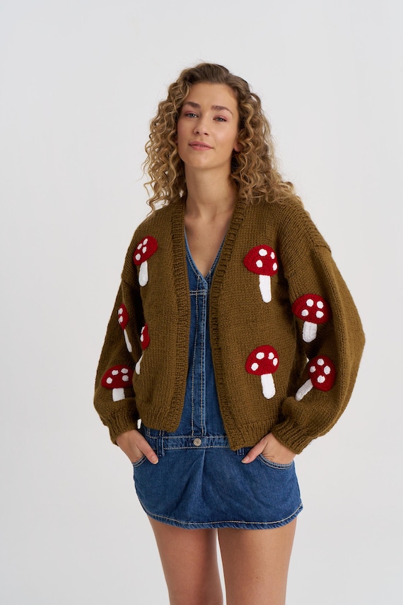 Cardigan a forma di fungo, maglione verde, maglione di lana
