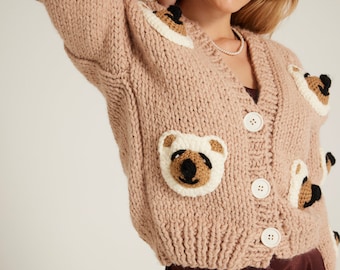 Brown Sweet Bear Cardigan, Button-up Cardigan for Women, Christmas Sweater, Sweater outfits, Teddy bear earrings