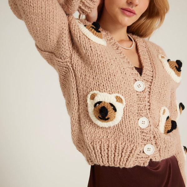 Brown Sweet Bear Cardigan, Button-up Cardigan for Women, Christmas Sweater, Sweater outfits, Teddy bear earrings