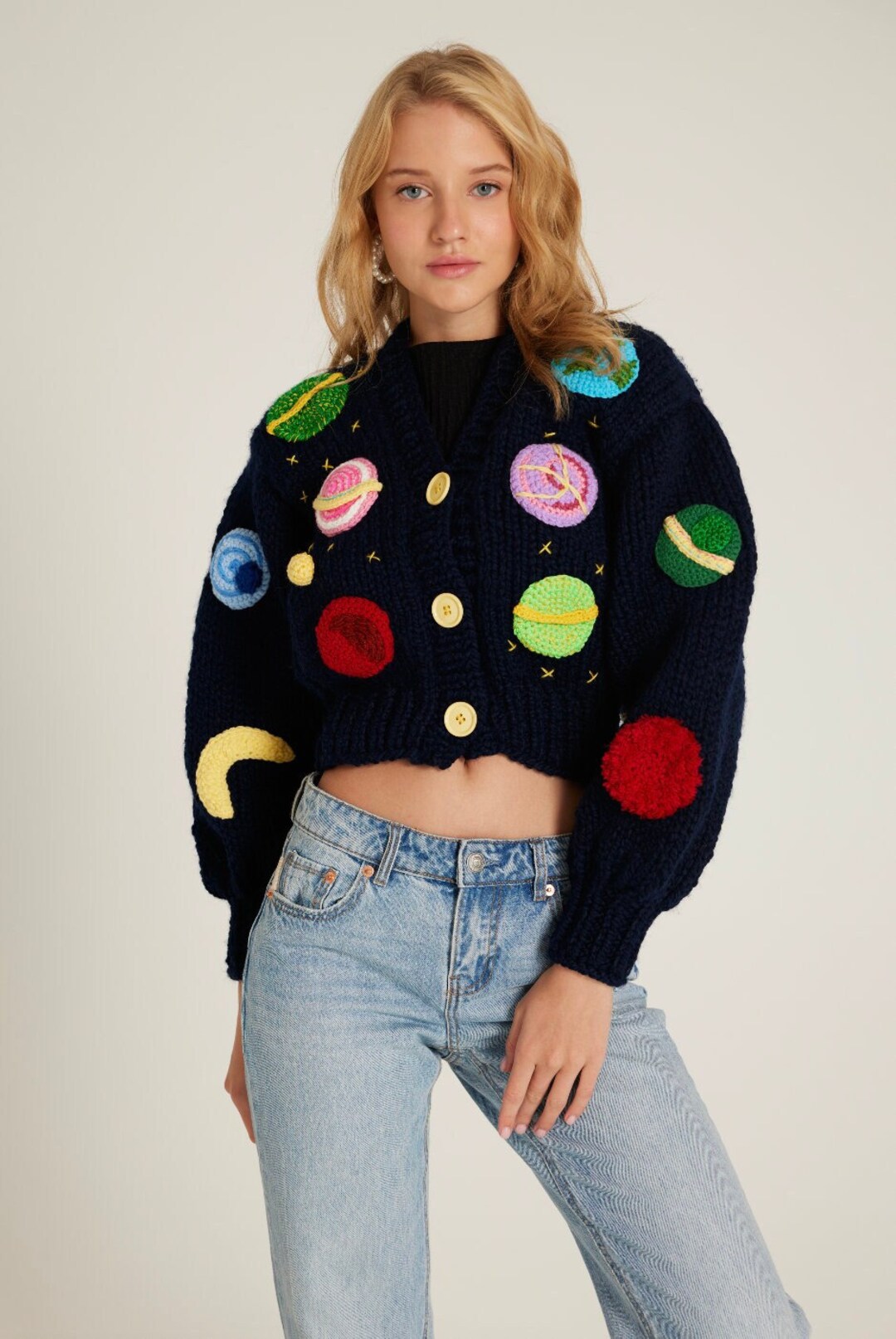 Knit Cosmic Cardigan, Womens Sweater, Navy Knitted Sweater, Christmas  Sweater, Star Wars Sweater, Mars Planet 