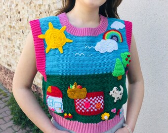 Handmade Picnic Vest, Multicolor Vest, Women's Vest, women sweater vest, Felted vest, linen vest women