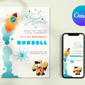 Space Birthday Invitation Template, Galaxy, Planets, Rocket, Astronaut, Editable Invitation, Instant Download