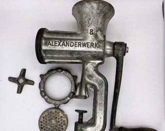 Alexanderwerk #8 Vintage Antique Meat Grinder Chopper w/ Wood Handle - Made in Germany, Working, w/ Accessories