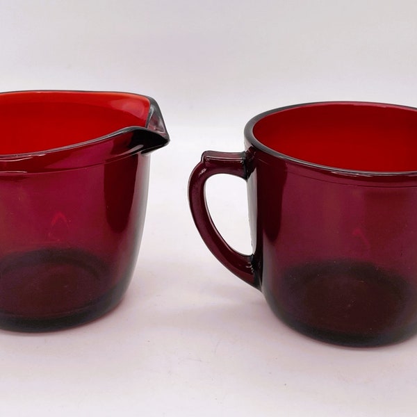 Vintage Anchor Hocking Royal Ruby Red Glass Sugar Bowl & Creamer Dish Set Pair Lot of 2 - Excellent Used Condition