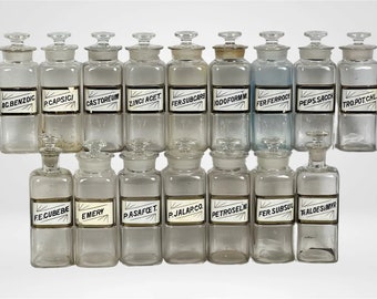 Vintage Antique Apothecary Glass Medicine Pharmacist Bottles - With Stoppers - Labels Under Glass - Sold Separately