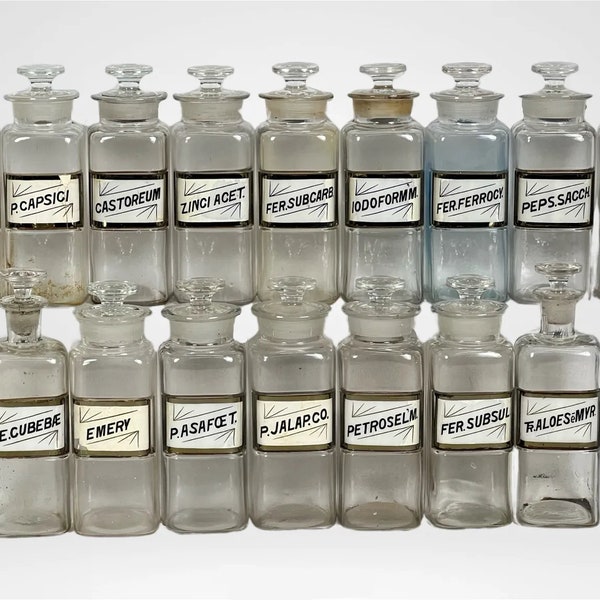 Vintage Antique Apothecary Glass Medicine Pharmacist Bottles - With Stoppers - Labels Under Glass - Sold Separately