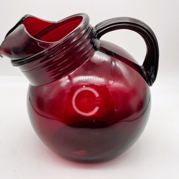 Vintage Anchor Hocking Royal Ruby Red Glass Ball Roly Poly Tilted Water Pitcher 1960s - Excellent Used Condition