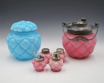 Antique EAPG Consolidated Glass Florette Quilted Pink and Blue Glossy Cookie Biscuit Jars with Salt Shakers and Condiment Jar with Spoon