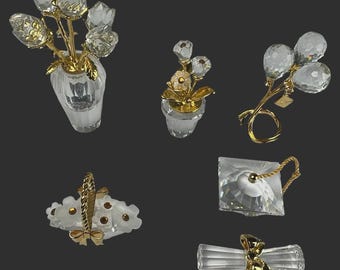 Swarovski Art Crystal MINIATURES - Roses in Vase, Flowers in Vase, Balloons, Flower Basket, Diploma Cap & Tassel, Diploma Scroll - Gold!