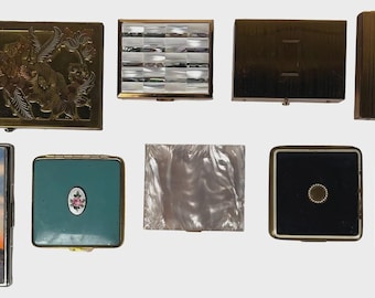 Vintage Selection of Gold Tone Metal Ladies Mirror & Powder Compacts Cases, Cigarette Cases - Elgin Enameled, Floral, Mother of Pearl
