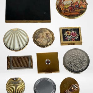 Vintage Selection of Gold Tone Metal Ladies Mirror & Powder Compacts Cases - Elgin American, Enameled, Floral, Birds