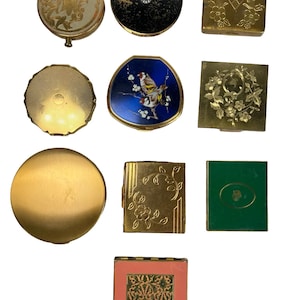 Vintage Selection of Gold Tone Metal Ladies Mirror & Powder Compacts Cases - Elgin American, Enameled, Floral, Birds