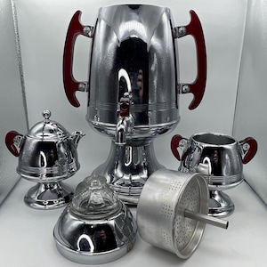 Vintage Chrome & Red Bakelite United Coffee Percolator, Creamer, Sugar Set, Complete, MCM Kitchen Retro Decor Collectible