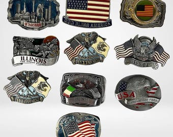 Vintage Large Men’s Belt Buckles - Solid Brass & Pewter - American Flag, Made in USA, Chicago / Illinois / Irish Heritage, Red White Blue