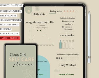 May include: A digital self-care journal app on a tablet with a light brown background. The app includes sections for daily stats, energy levels, water intake, and a daily workout. The app also includes a section for tracking items completed for the day. The app is designed to help users track their self-care progress.