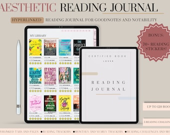 May include: A digital tablet displaying a reading journal template for Goodnotes and Notability. The template features a library section with book covers, reading trackers, and challenges. The text "Certified Book Lover" and "Reading Journal" are displayed on the screen. The image also includes a bonus of 70+ reading stickers.