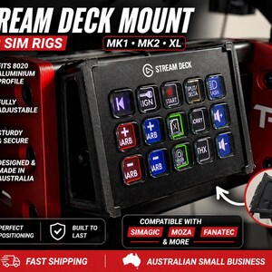 May include: Black Stream Deck mount for sim rigs, with multiple buttons and text labels. The mount is designed to fit 8020 aluminium profiles and is fully adjustable. Designed and made in Australia.