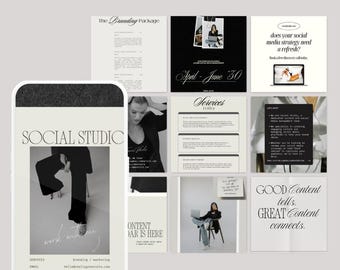 Puede incluir: Un conjunto de gráficos de marketing para redes sociales en un diseño minimalista en blanco y negro. Los gráficos incluyen texto como "Social Studio", "The Branding Package" y "Content is Here". El tema general es profesional y moderno.