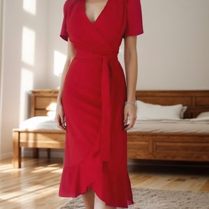 Belted Solid Midi Red Dress for Christmas, Short Sleeve Dress, Casual Wrap Dress, Evening Party Dresses, Mothers Day Gift