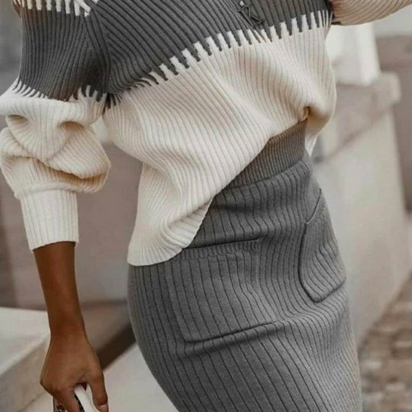 Warm Sweater Skirt, Long Sleeve Pocket Detail Skirt Sweater Knitwear Set, Knitted Sweater & Skirt Slim Fit Set,  Knit Top and Skirt