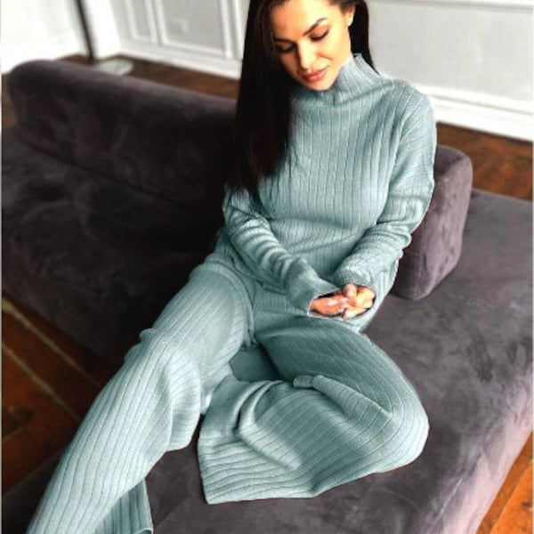 Women's Outwear Winter Turkish Knitted Sport Casual Suit, Long Sleeve Pullover Top and Pants, Women's Longwear Set, Mothers Day Gift