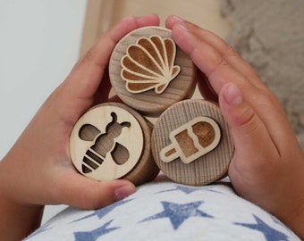 Summer holiday sand stamp set, seasons clay stamp made of wood, Waldorf sensory clay tool the ideal gift for children from 3 years