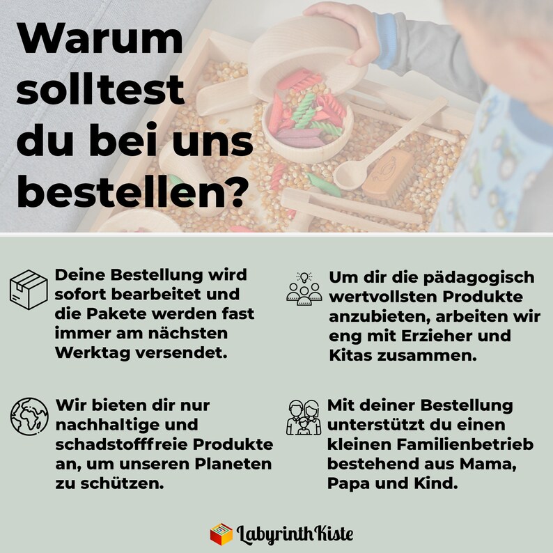 May include: A green and white graphic with the text "Warum solltest du bei uns bestellen?" in black. The graphic features four icons with text describing the benefits of ordering from the company. The icons include a package, a group of people, a globe, and a family.