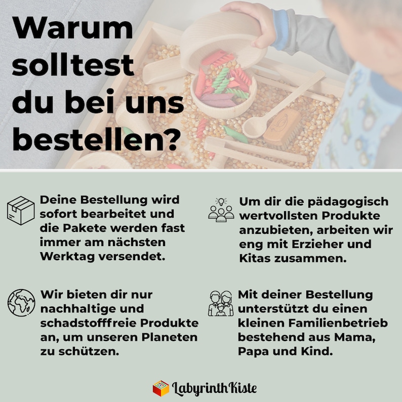 Op de afbeelding: Een groene en witte afbeelding met de tekst "Warum solltest du bei uns bestellen?" in zwart. De afbeelding bevat vier pictogrammen met tekst die de voordelen beschrijven van het bestellen bij het bedrijf. De pictogrammen omvatten een pakket, een groep mensen, een wereldbol en een gezin.